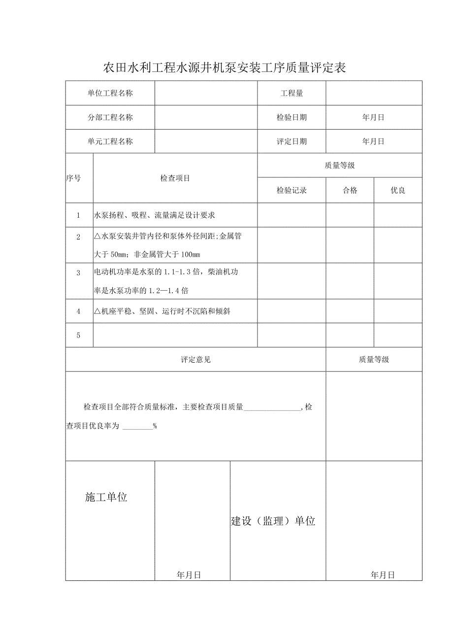 农田水利工程水源井机泵安装工序质量评定表.docx_第1页