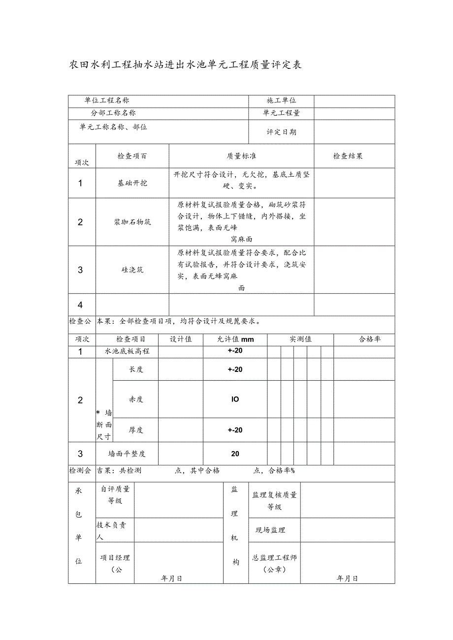 农田水利工程抽水站进出水池单元工程质量评定表.docx_第1页