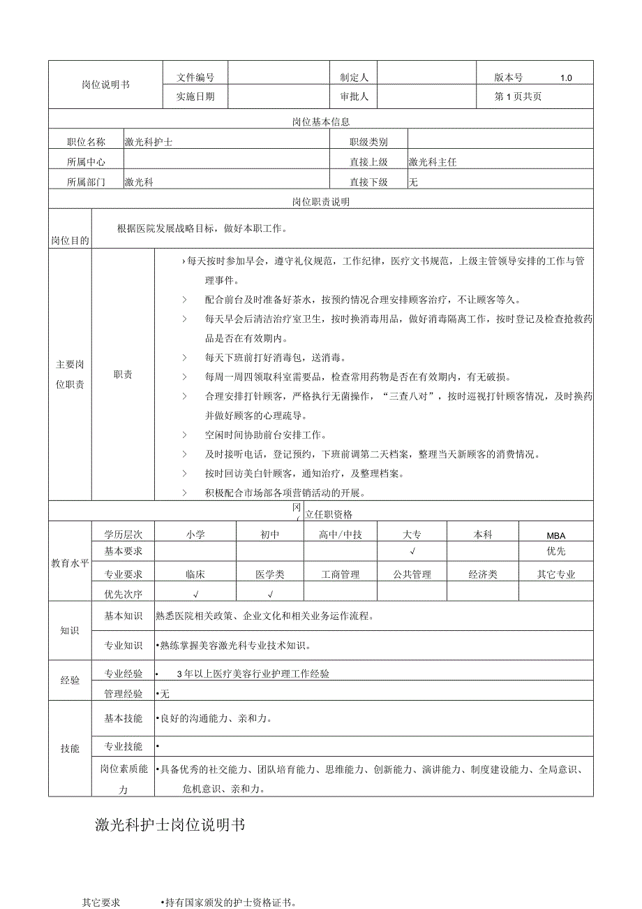 医美皮肤激光科护士岗位说明书.docx_第1页