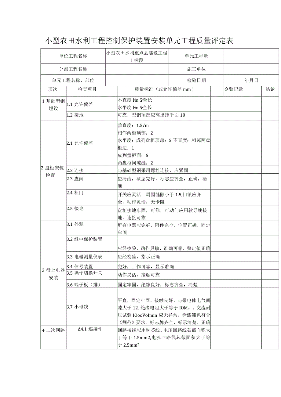 小型农田水利工程控制保护装置安装单元工程质量评定表.docx_第1页