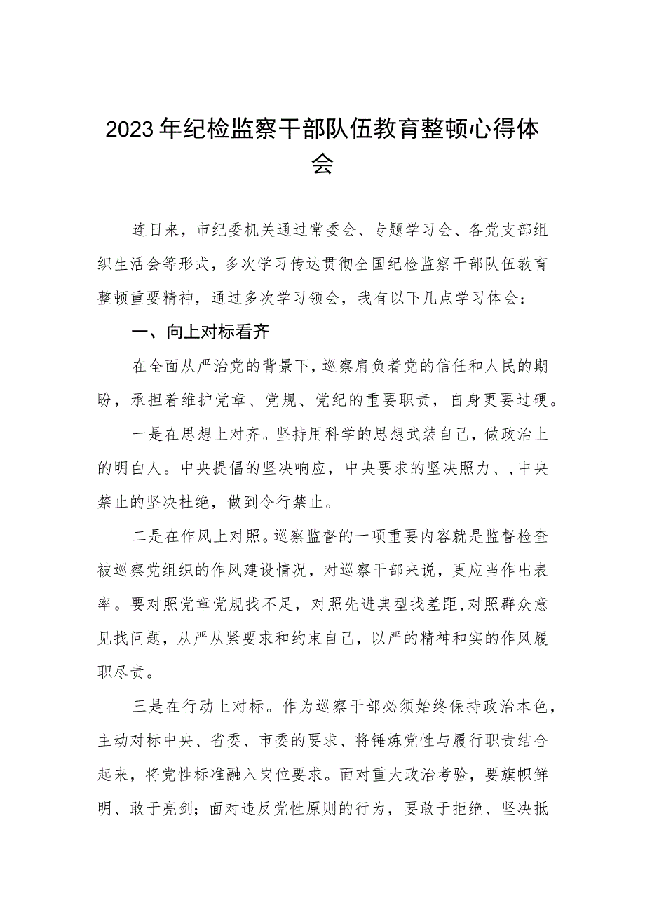 2023年纪检监察干部队伍教育整顿心得体会感悟两篇例文.docx_第1页