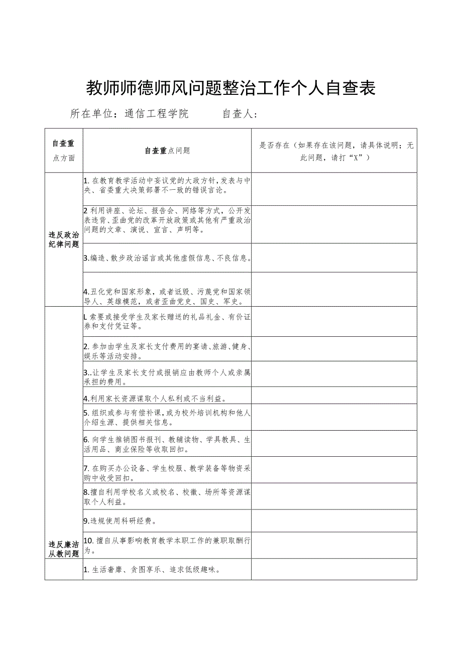 教师师德师风问题整治工作个人自查表.docx_第1页