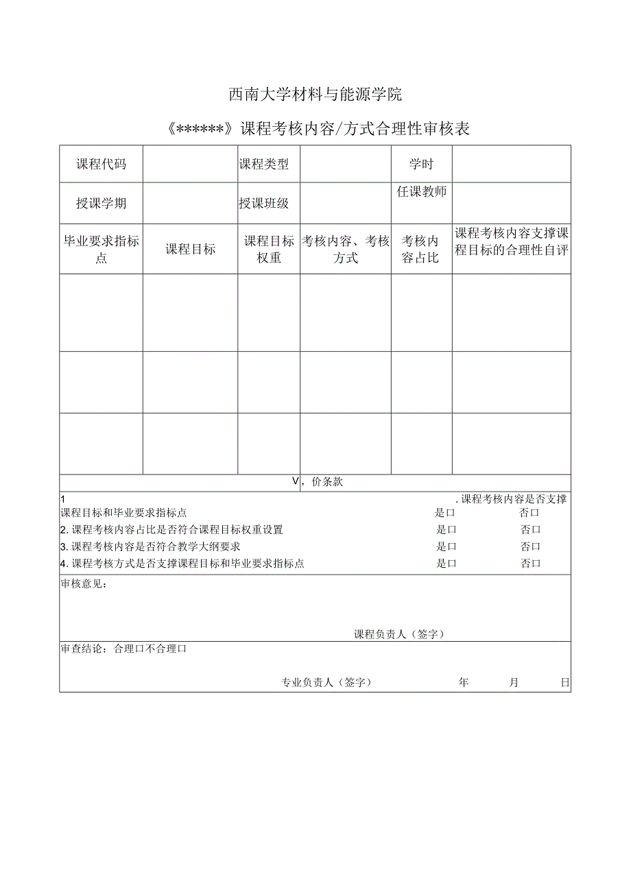 西南大学材料与能源学院《》课程考核内容方式合理性审核表.docx_第1页