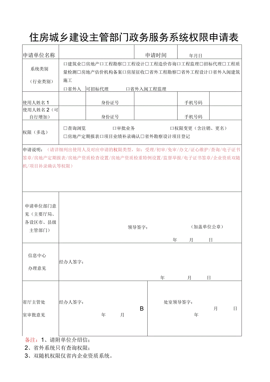 住房城乡建设主管部门政务服务系统权限申请表.docx_第1页