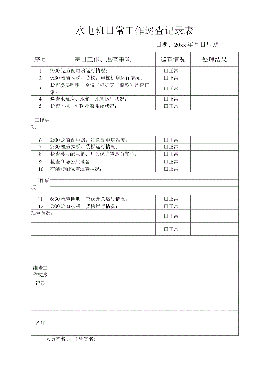 商场水电班日常工作巡查记录表.docx_第1页