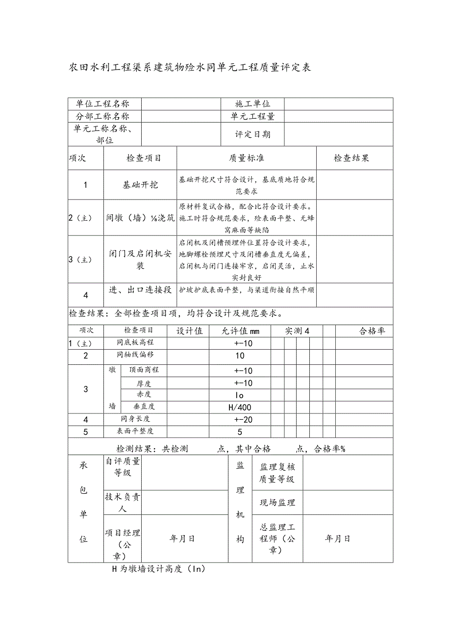 农田水利工程渠系建筑物砼水闸单元工程质量评定表.docx_第1页