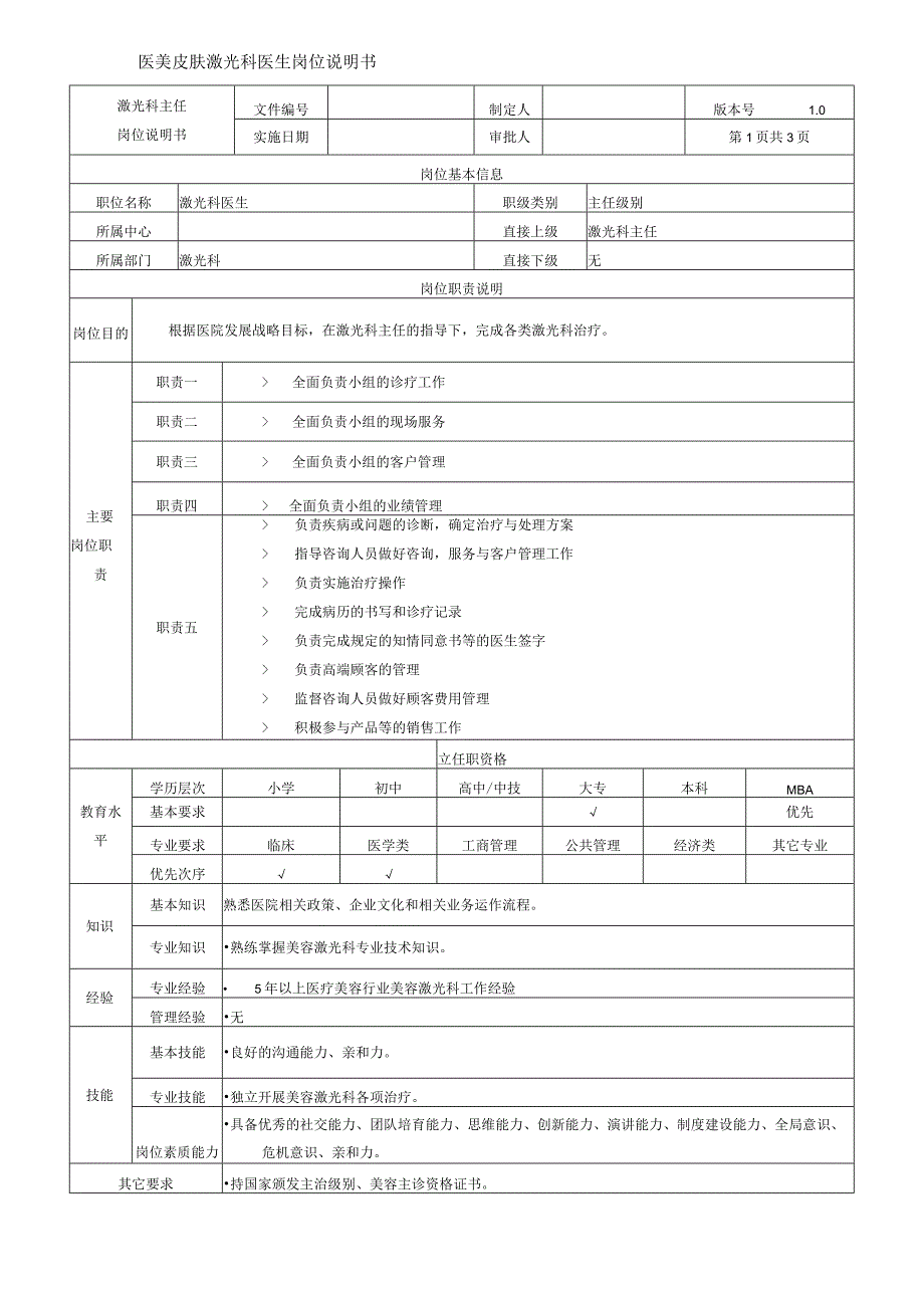 医美皮肤激光科医生岗位说明书.docx_第1页