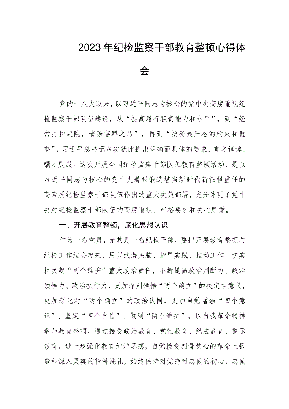 2023年纪检监察干部教育整顿心得体会.docx_第1页