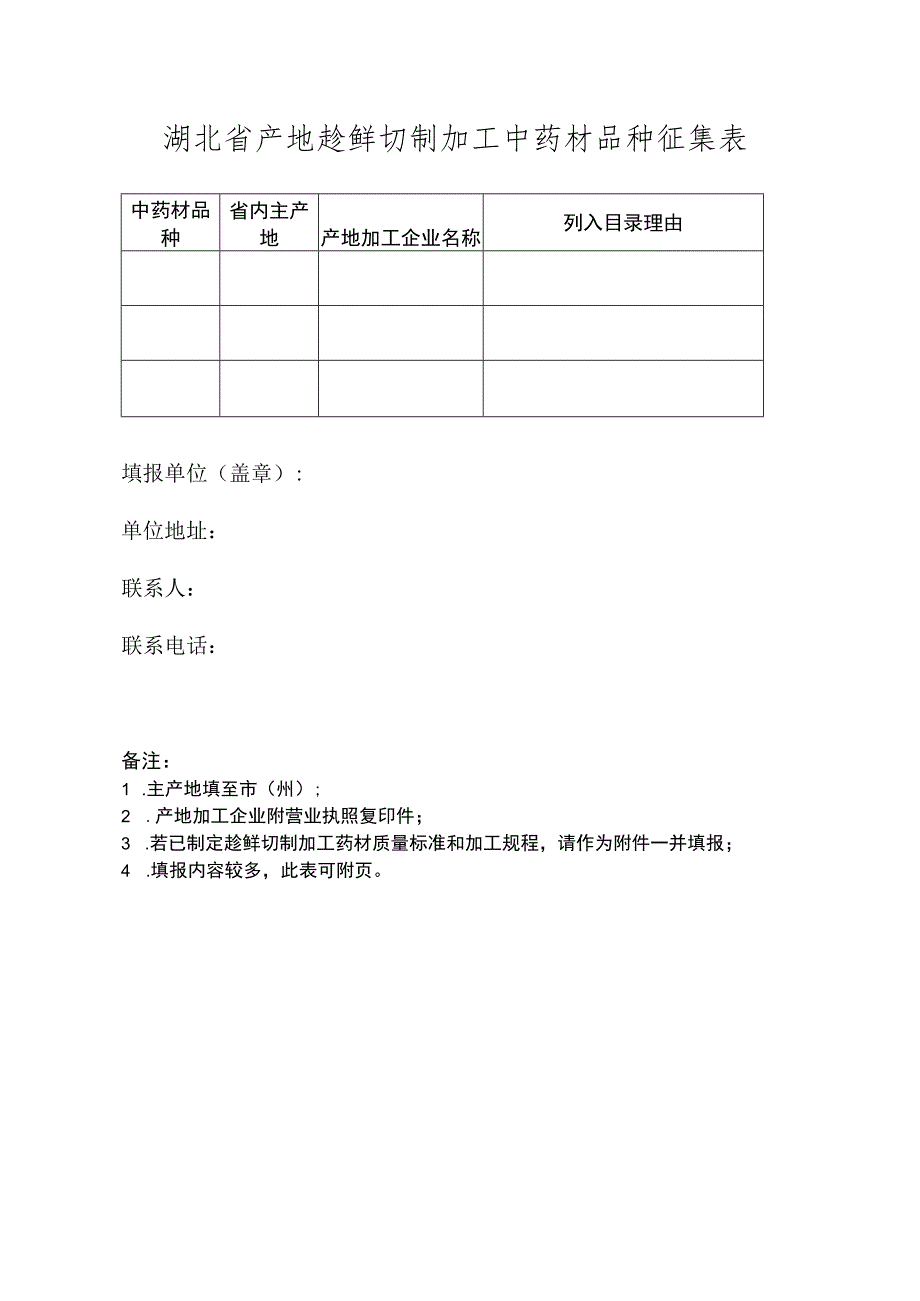 湖北省产地趁鲜切制加工中药材品种征集表.docx_第1页