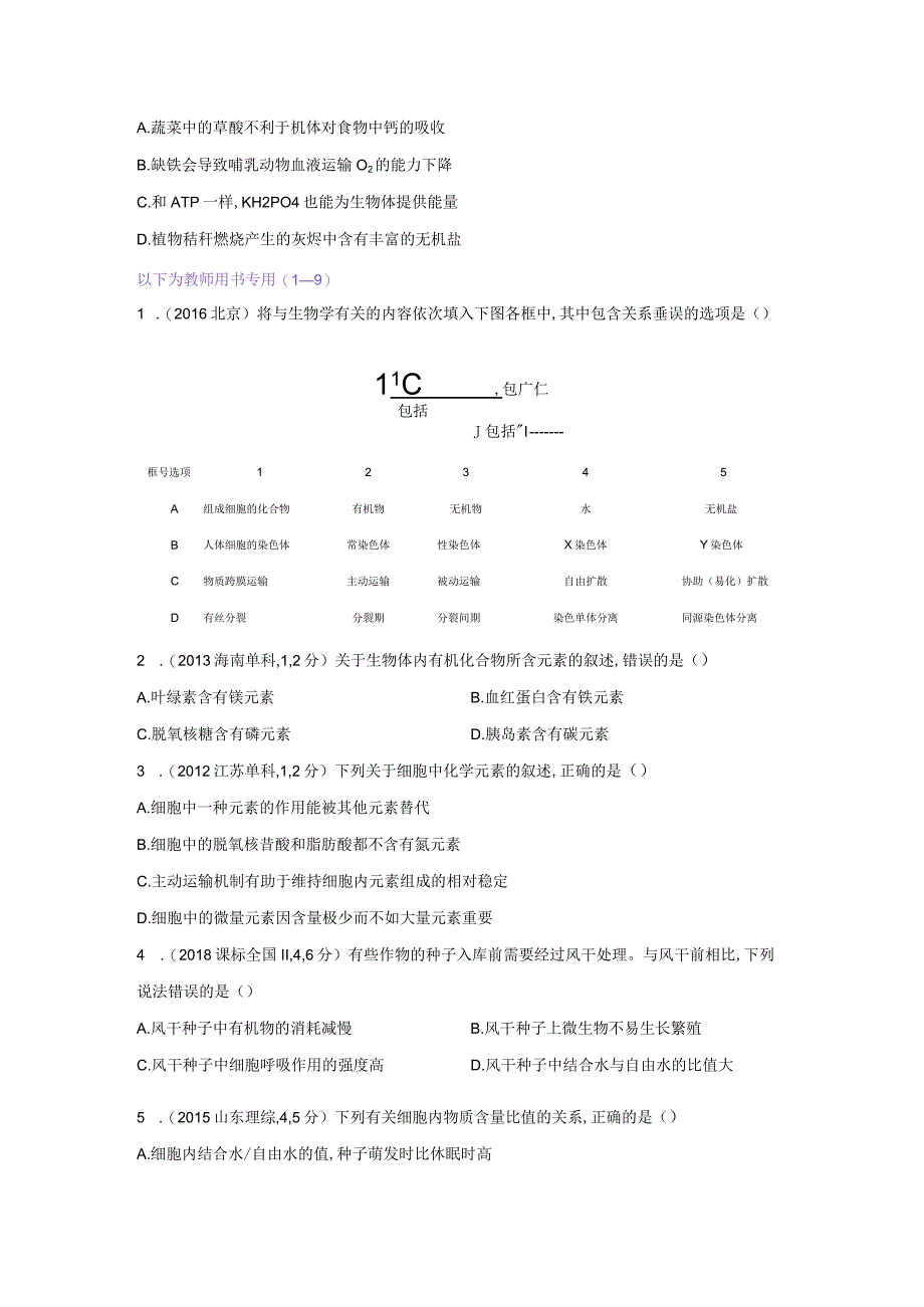 1_专题1 细胞的分子组成（试题word）.docx_第2页