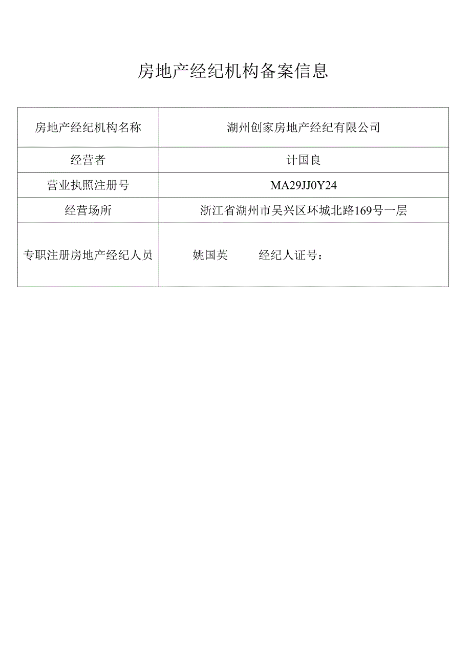 湖州创家房地产经纪有限公司房地产经纪机构备案信息.docx_第1页