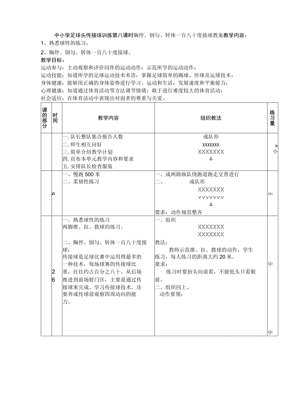 中小学足球头传接球训练第八课时胸停、倒勾、转体一百八十度接球教案.docx_第1页