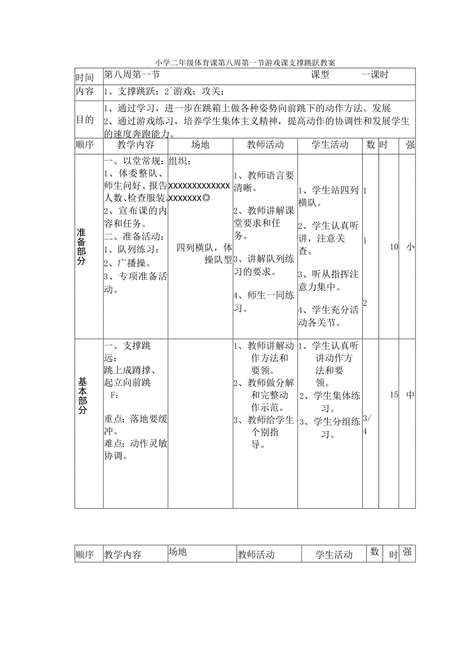 小学二年级体育课第八周第一节游戏课支撑跳跃教案.docx_第1页