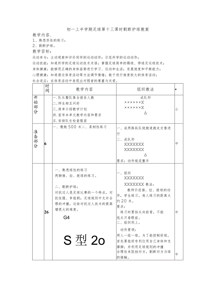 初一上半学期足球第十三课时割断护球教案.docx_第1页