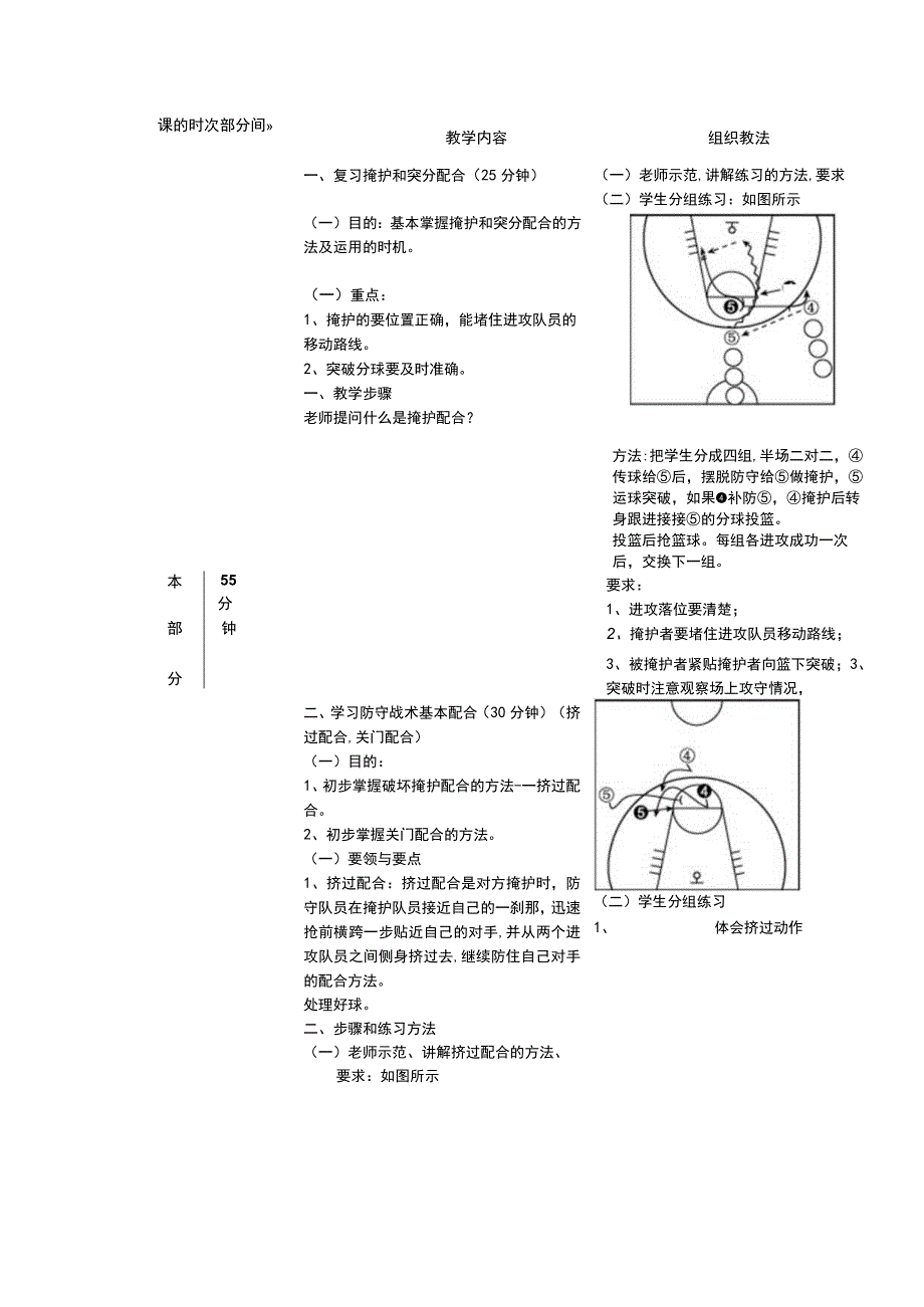 初中篮球第17次课学习防守战术基础配合(挤过配合关门配和)教学教案设计.docx_第2页