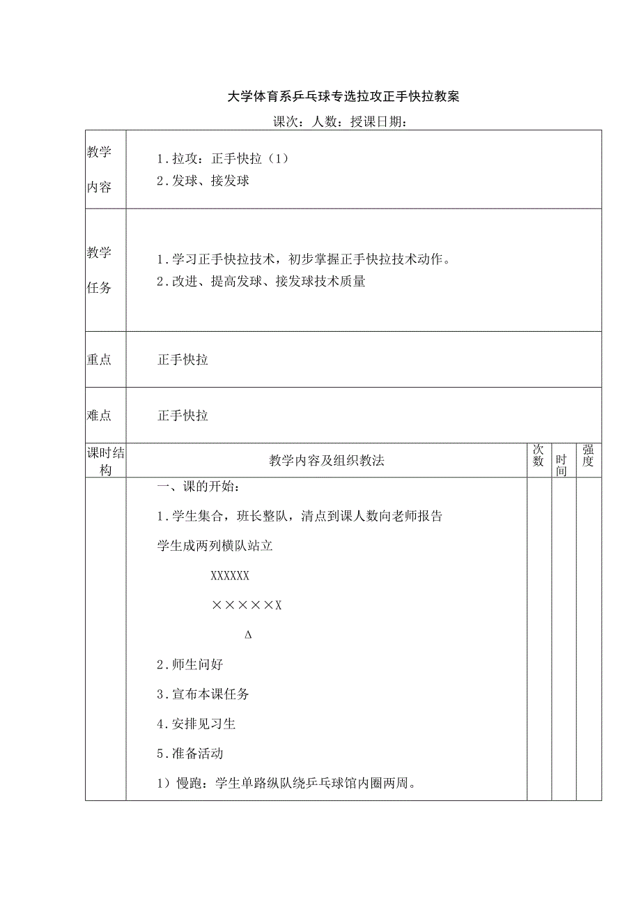 大学体育系乒乓球专选拉攻正手快拉教案.docx_第1页