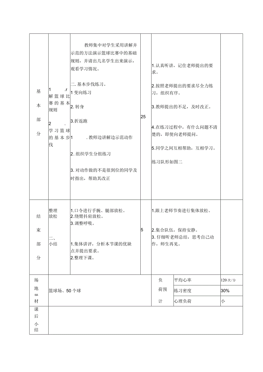 初一篮球学习篮球基本步伐并初步掌握比赛规则体育课时计划.docx_第2页