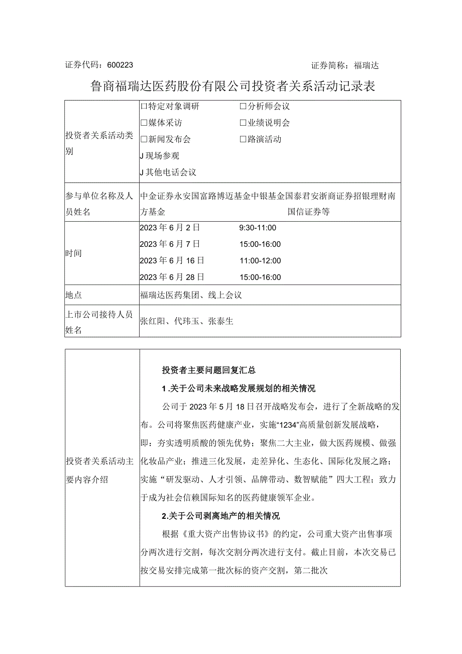 证券代码623证券简称福瑞达鲁商福瑞达医药股份有限公司投资者关系活动记录表.docx_第1页