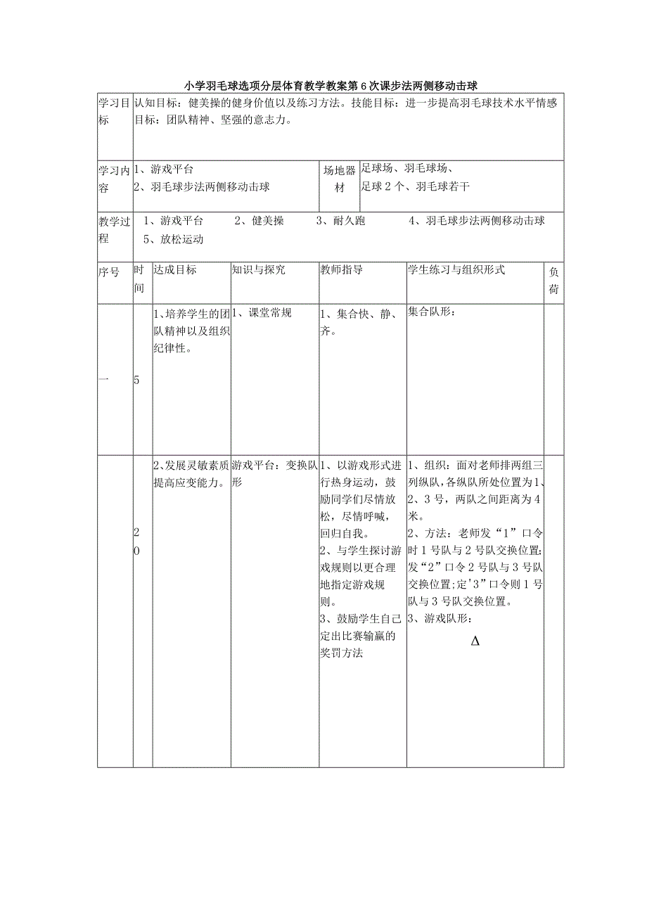 小学羽毛球选项分层体育教学教案第6次课步法两侧移动击球.docx_第1页