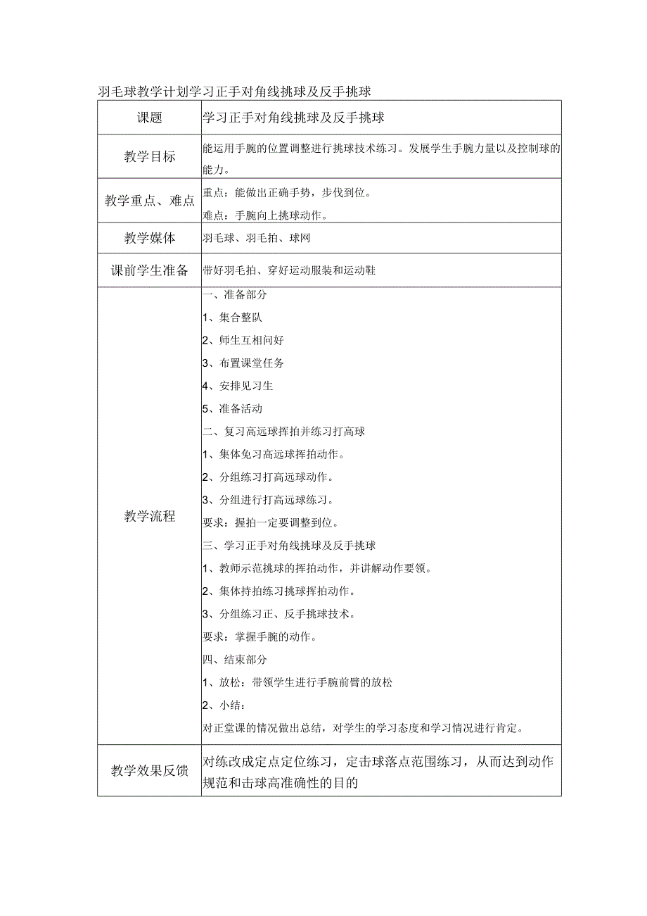 羽毛球教学计划学习正手对角线挑球及反手挑球.docx_第1页