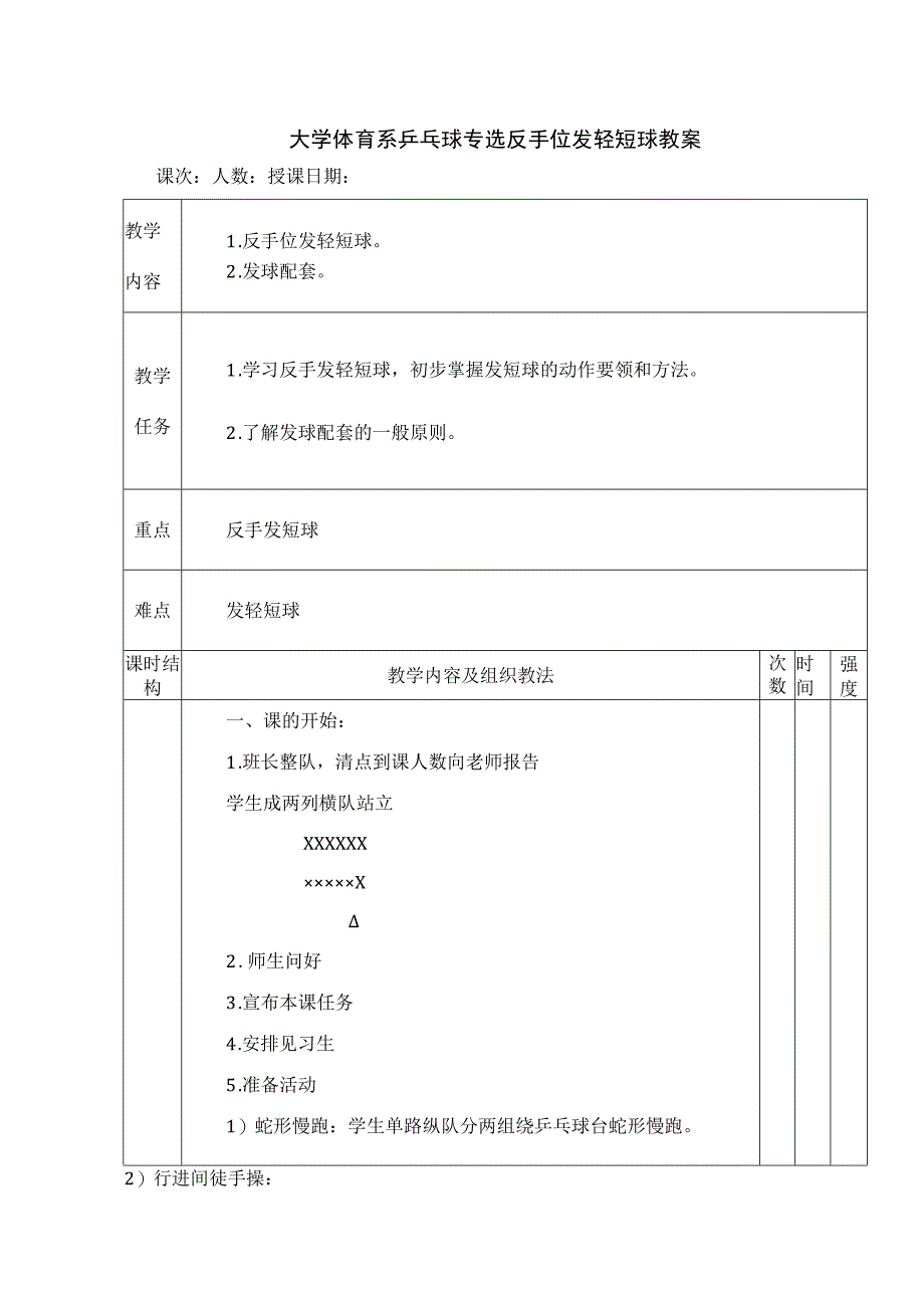 大学体育系乒乓球专选反手位发轻短球教案.docx_第1页