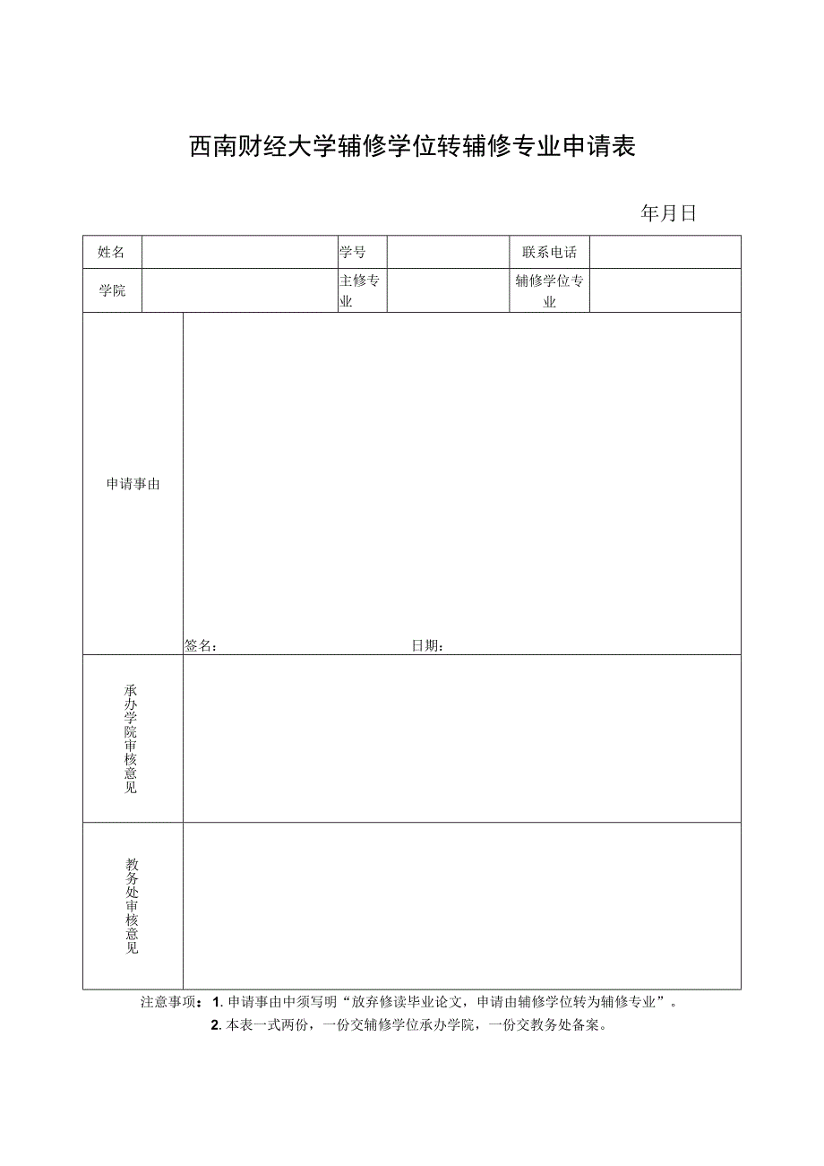 西南财经大学辅修学位转辅修专业申请表.docx_第1页