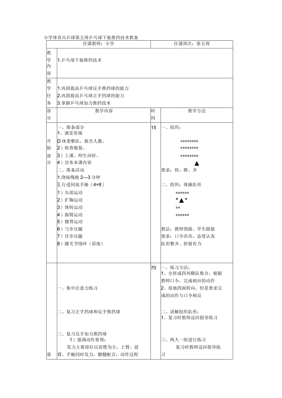 小学体育兵乒球第五周乒乓球下旋推挡技术教案.docx_第1页