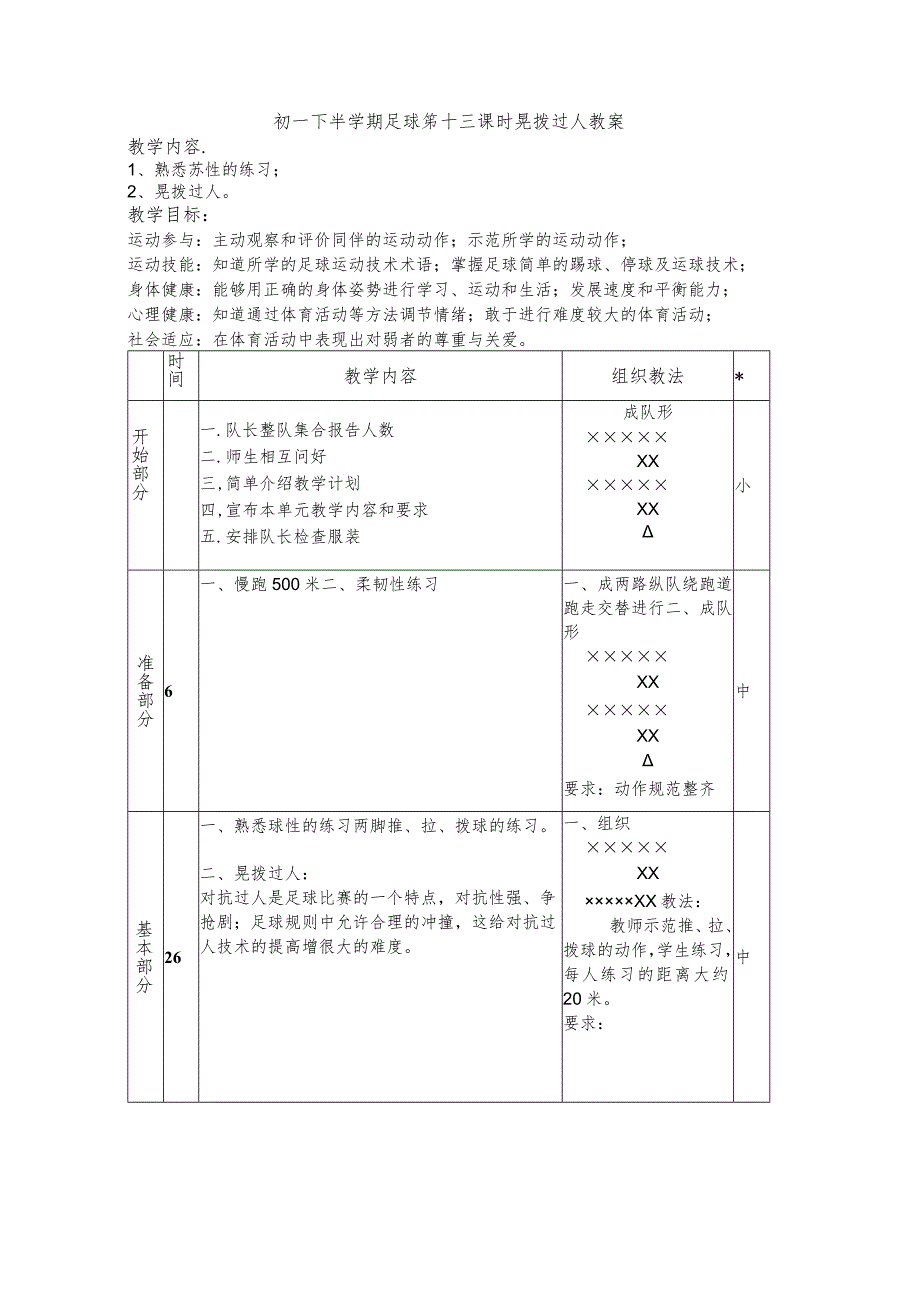 初一下半学期足球第十三课时晃拨过人教案.docx_第1页