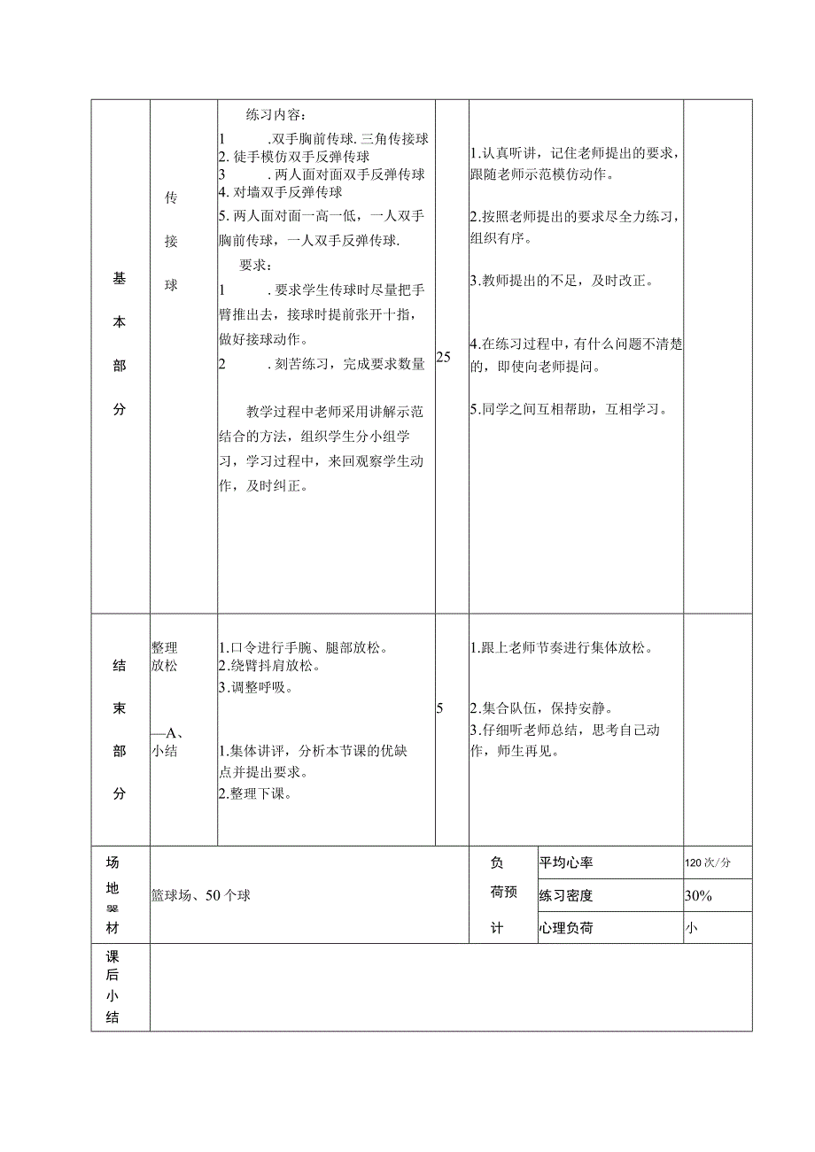 初一篮球传球（双手胸前双手击地反弹）体育课时计划.docx_第2页