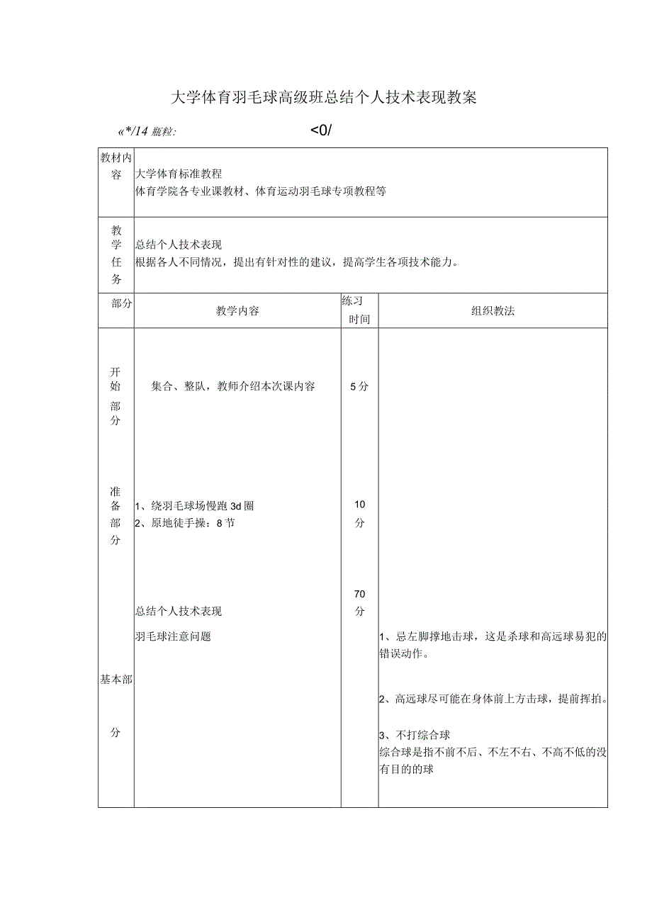 大学体育羽毛球高级班总结个人技术表现教案.docx_第1页