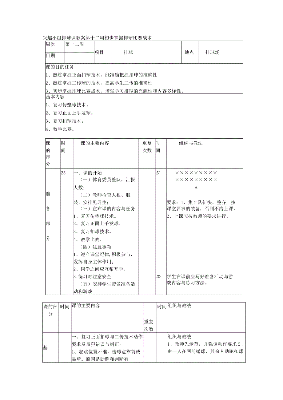 兴趣小组排球课教案第十二周初步掌握排球比赛战术.docx_第1页