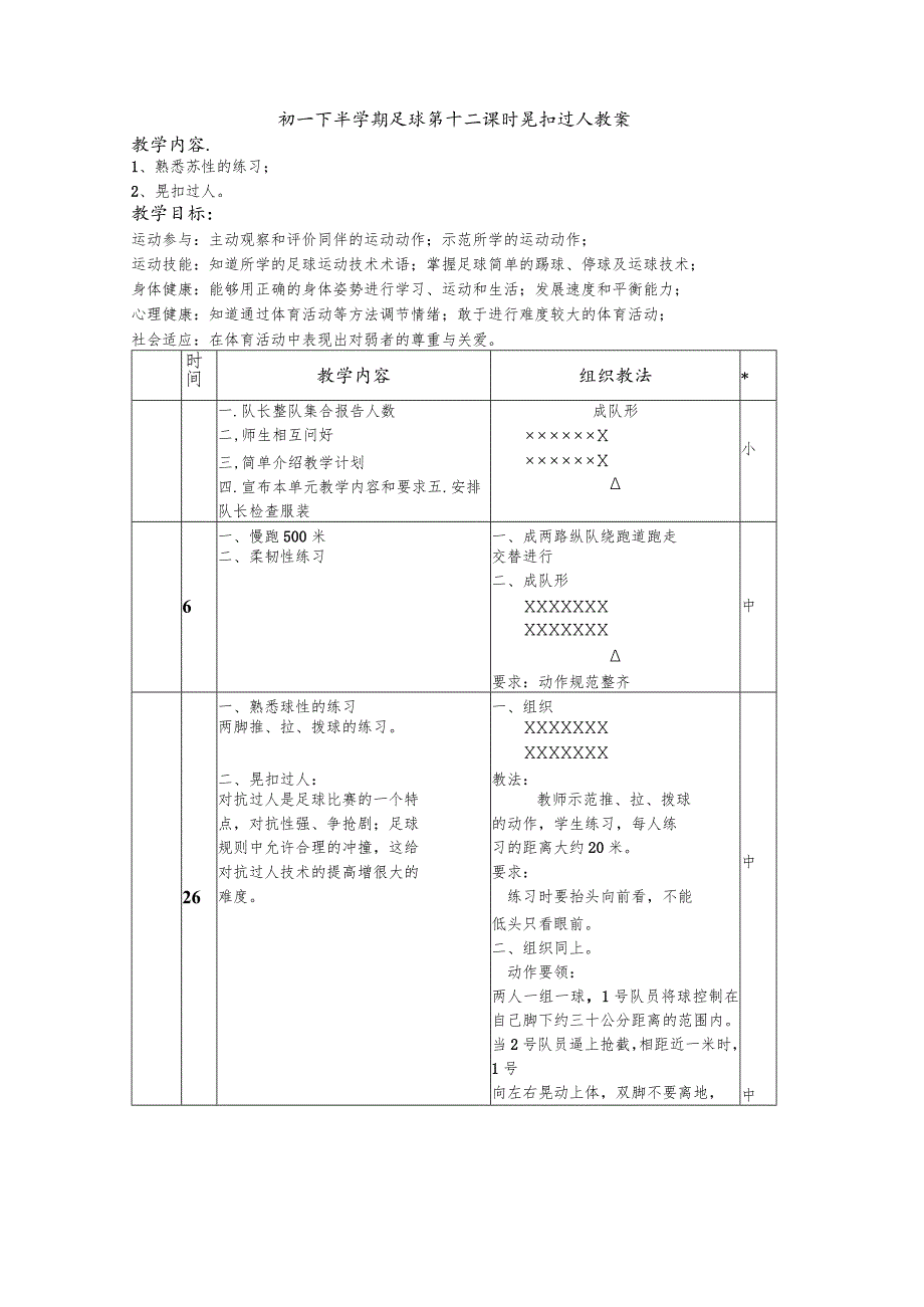 初一下半学期足球第十二课时晃扣过人教案.docx_第1页