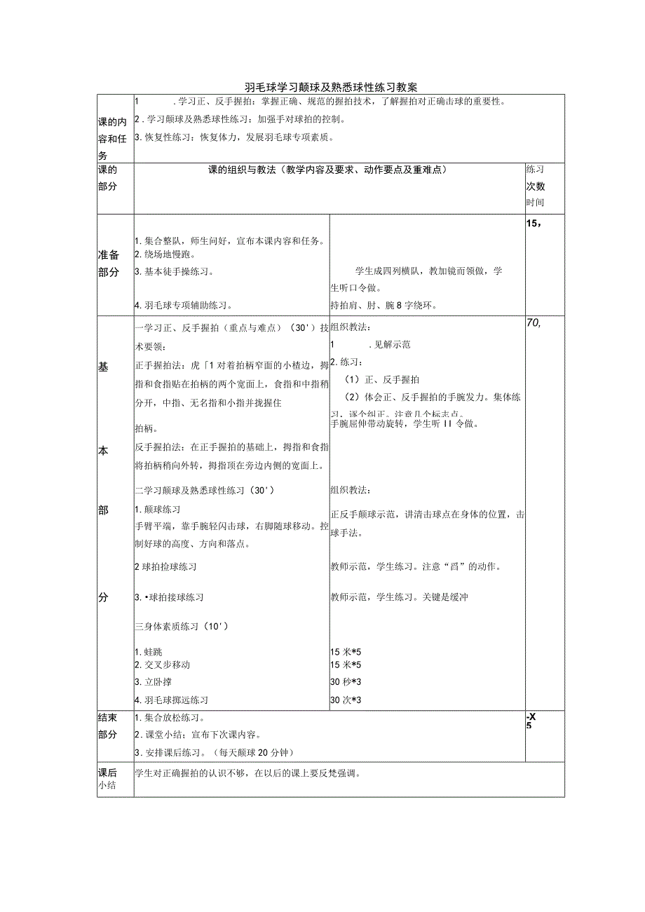 羽毛球学习颠球及熟悉球性练习教案.docx_第1页