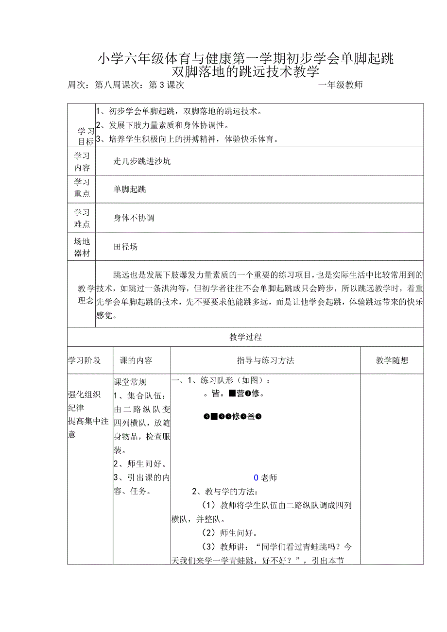 小学六年级体育与健康第一学期初步学会单脚起跳双脚落地的跳远技术教学.docx_第1页