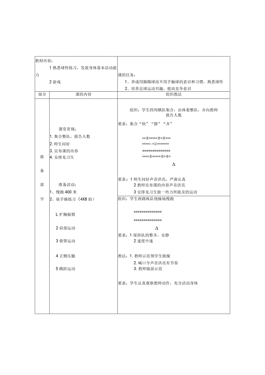 足球第1次课熟悉球性练习发展身体基本活动能力教案.docx_第1页