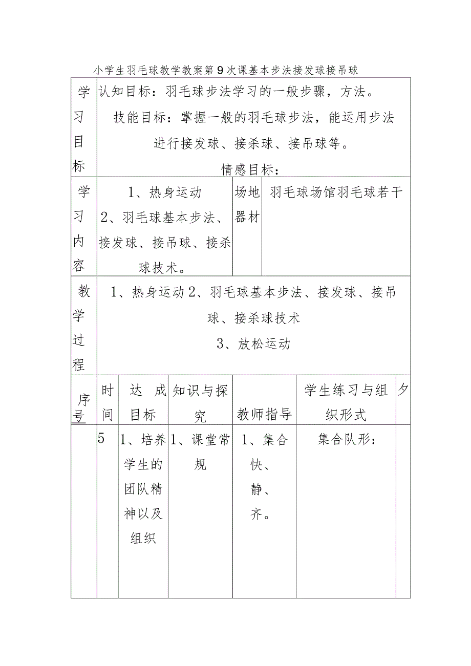 小学生羽毛球教学教案第9次课基本步法接发球接吊球.docx_第1页