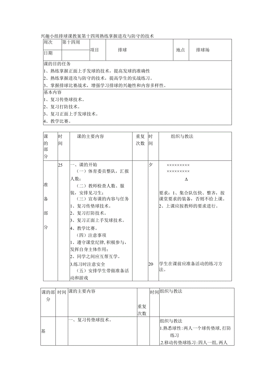 兴趣小组排球课教案第十四周熟练掌握进攻与防守的技术.docx_第1页