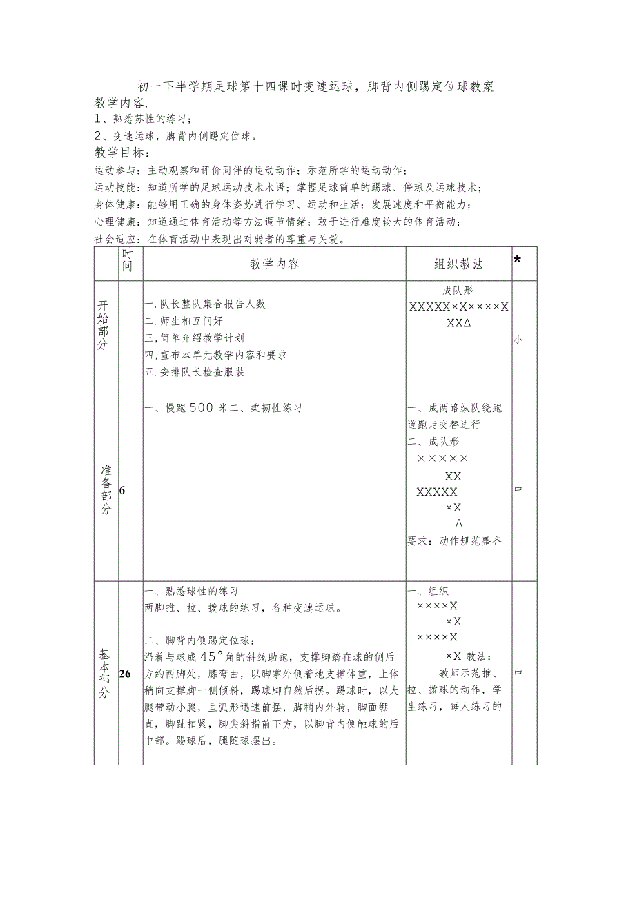 初一下半学期足球第十四课时变速运球脚背内侧踢定位球教案.docx_第1页