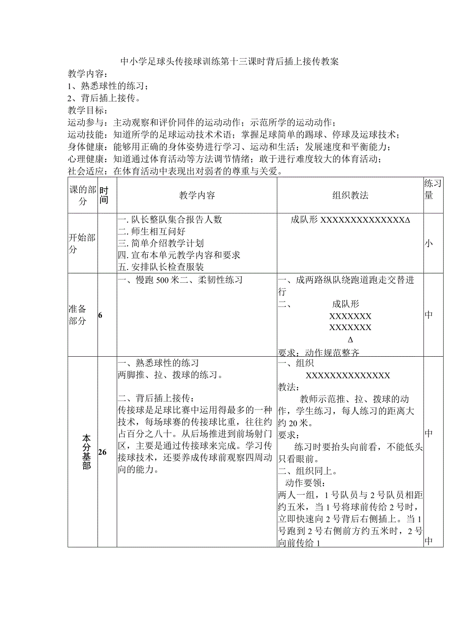 中小学足球头传接球训练第十三课时背后插上接传教案.docx_第1页