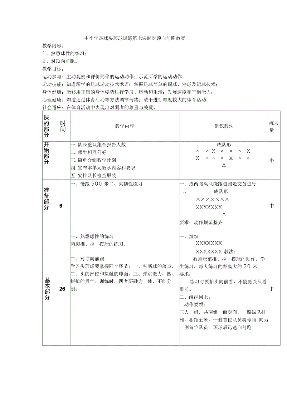 中小学足球头顶球训练第七课时对顶向前跑教案.docx_第1页