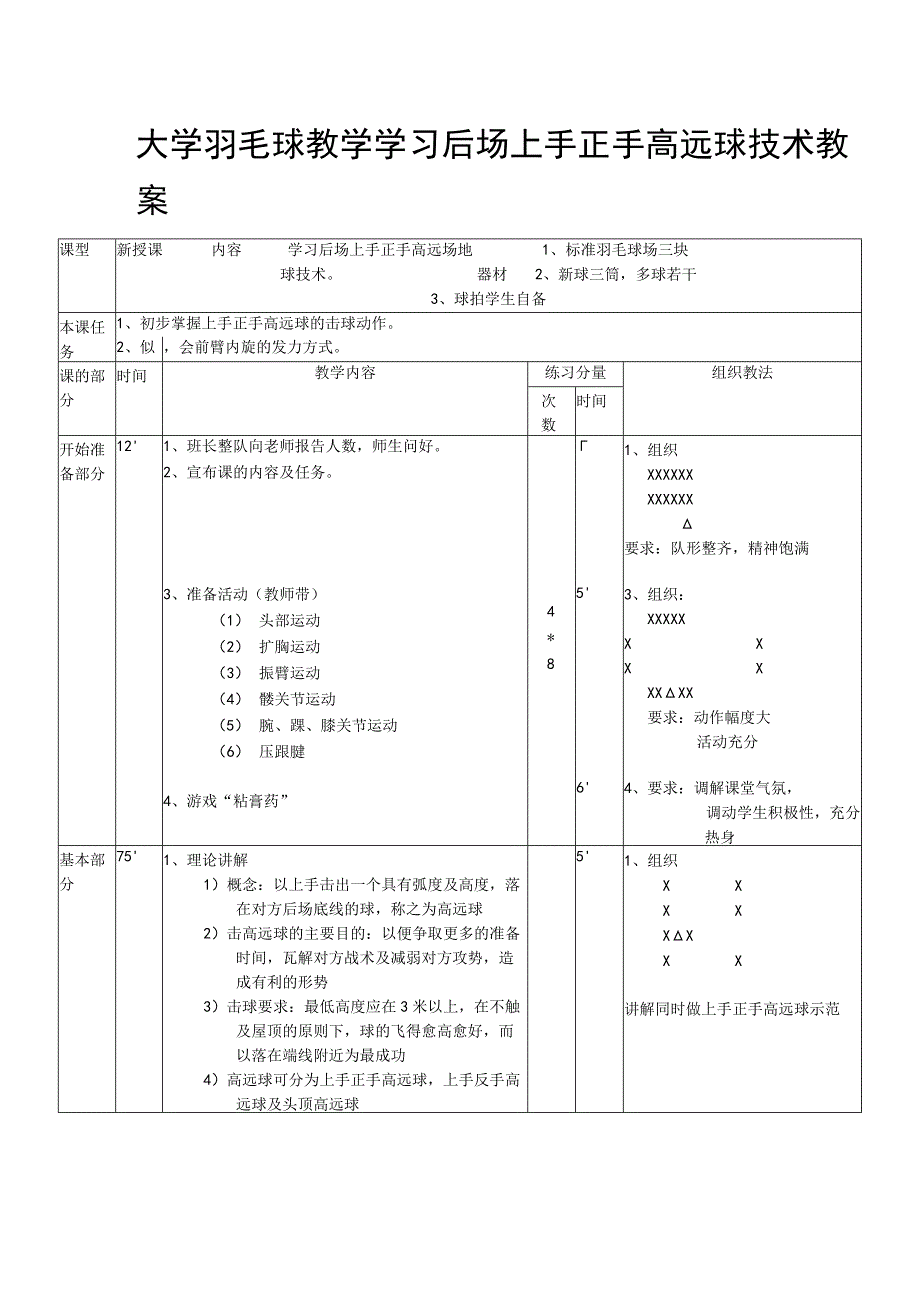 大学羽毛球教学学习后场上手正手高远球技术教案.docx_第1页