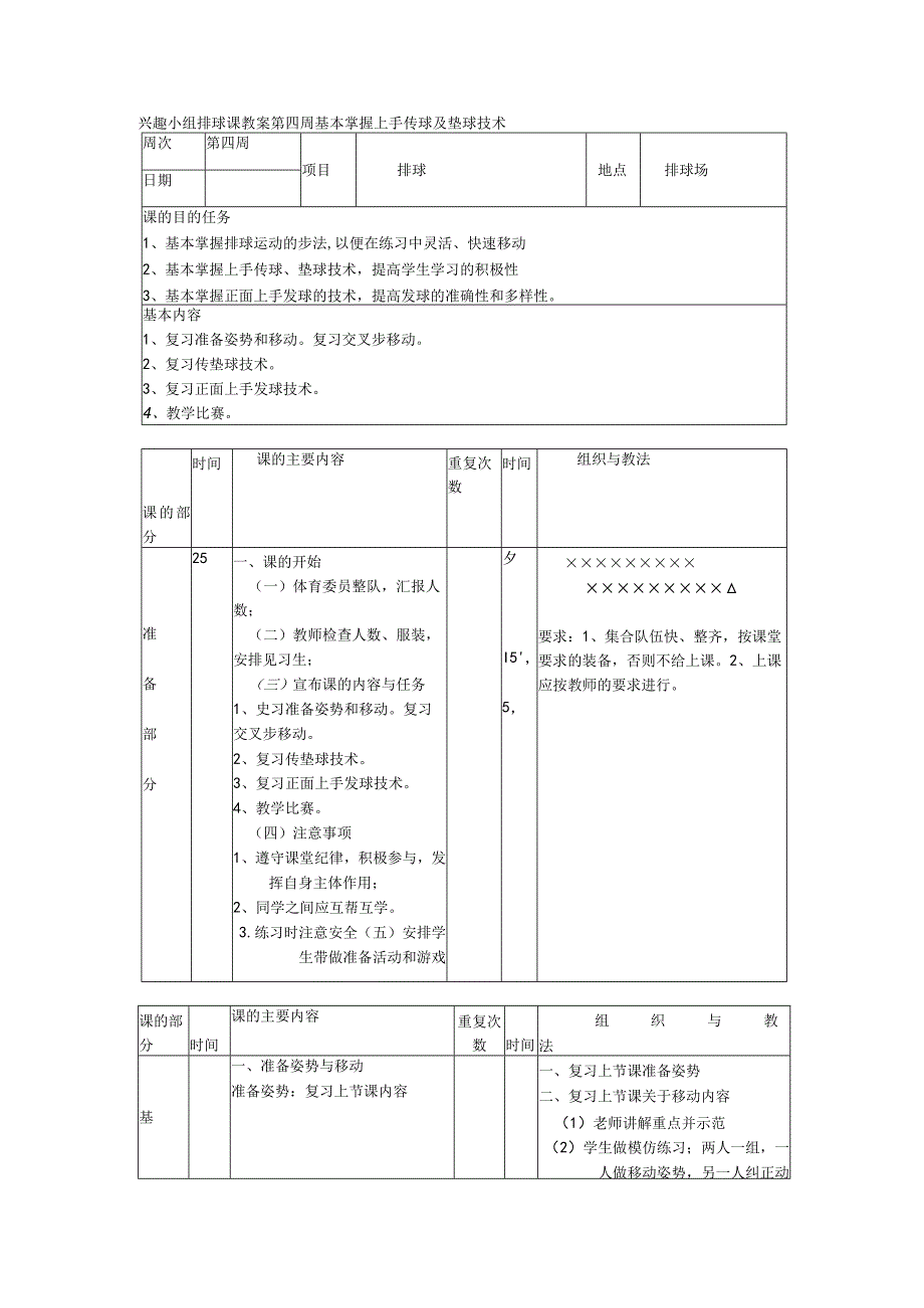 兴趣小组排球课教案第四周基本掌握上手传球及垫球技术.docx_第1页