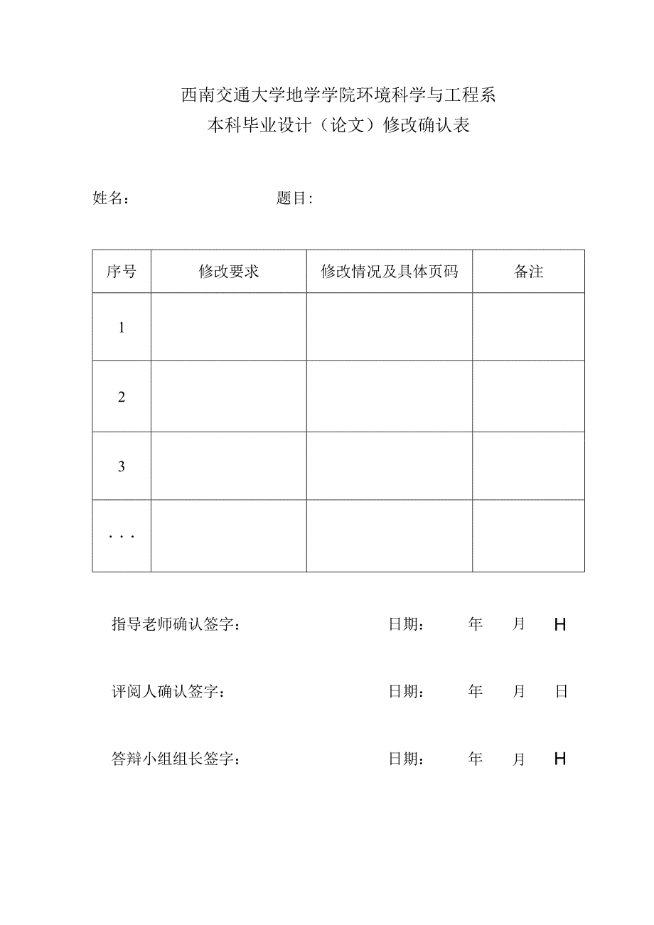 西南交通大学地学学院环境科学与工程系本科毕业设计论文修改确认表.docx_第1页