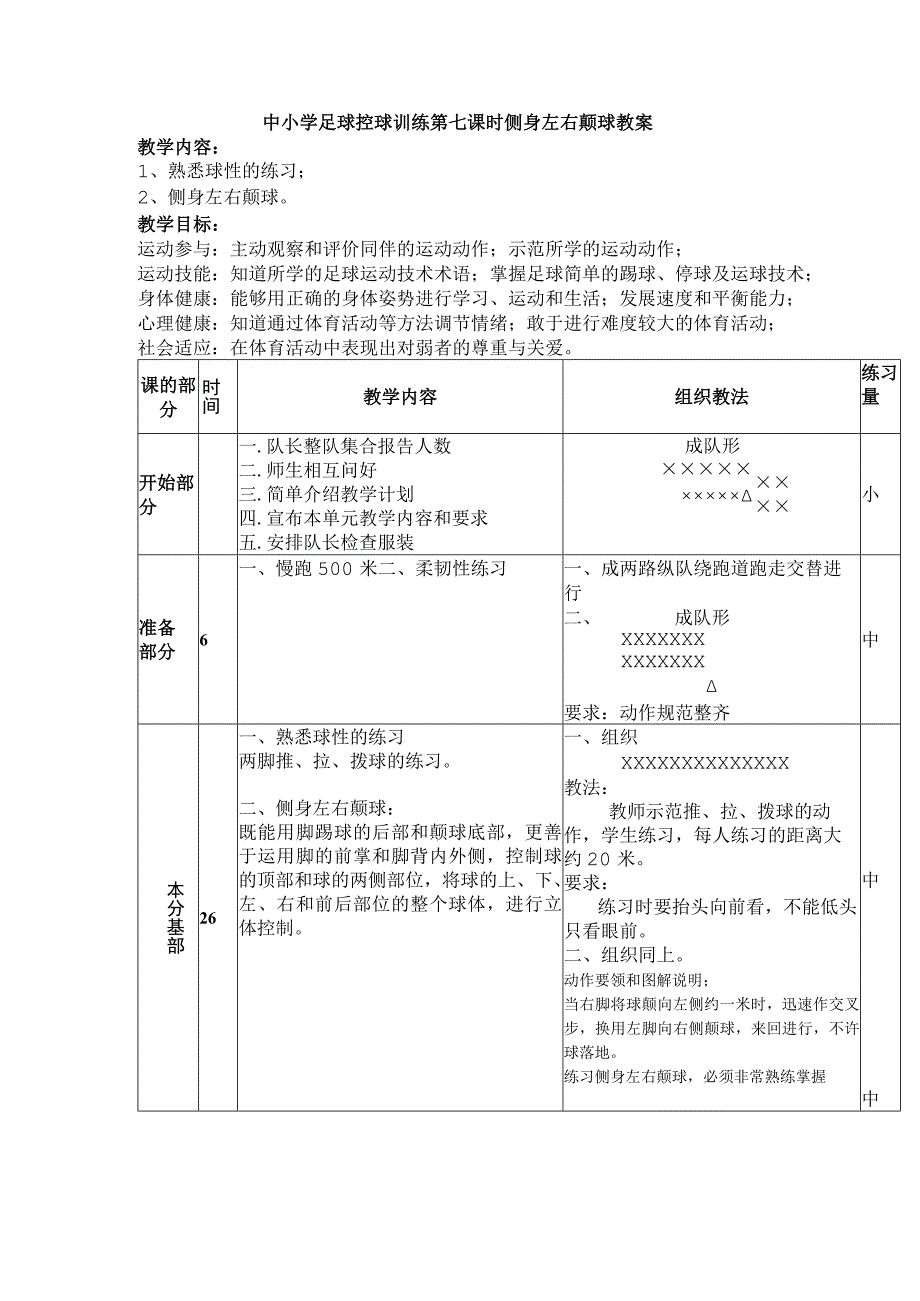 中小学足球控球训练第七课时侧身左右颠球教案.docx_第1页