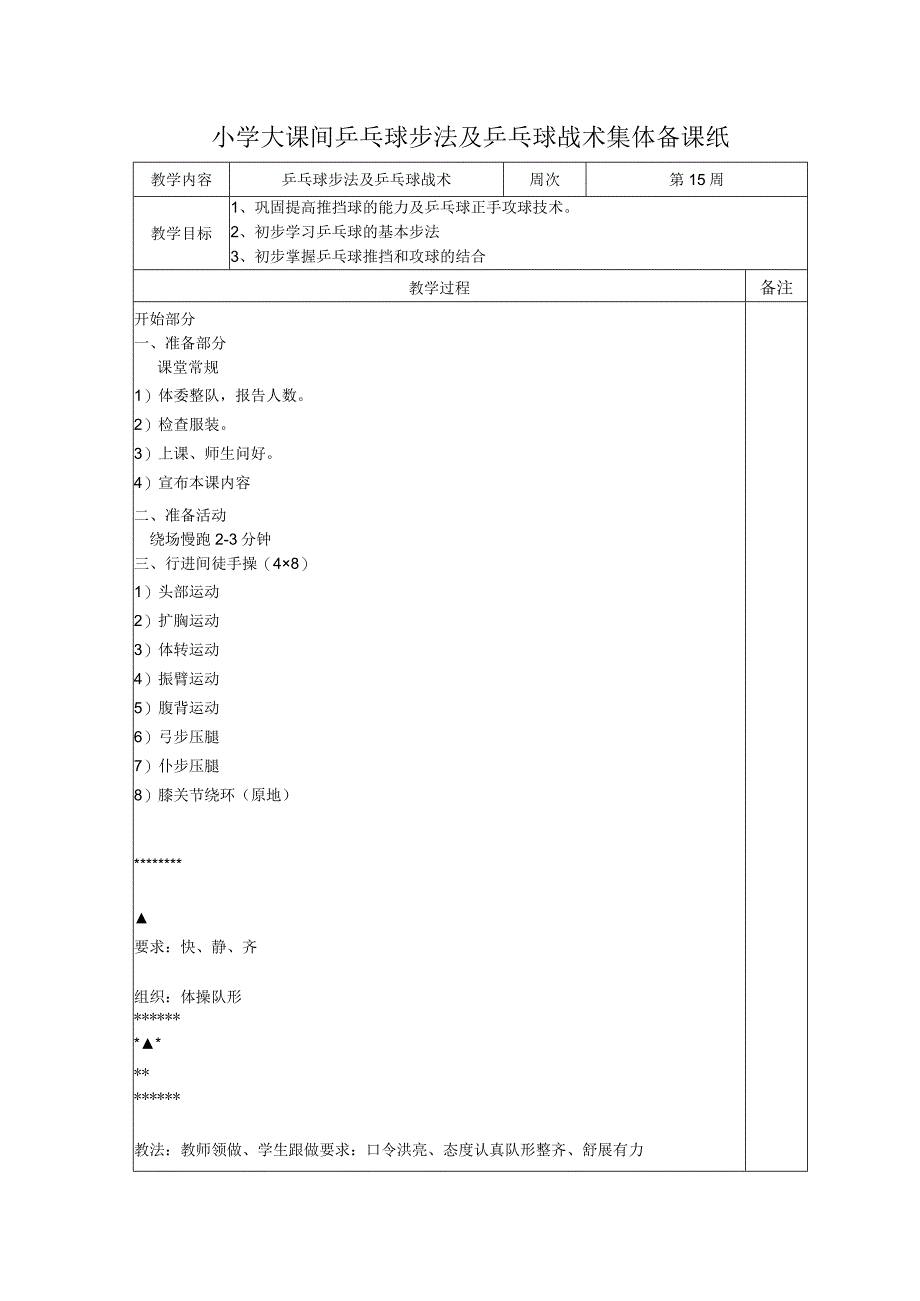 小学大课间乒乓球步法及乒乓球战术集体备课纸.docx_第1页