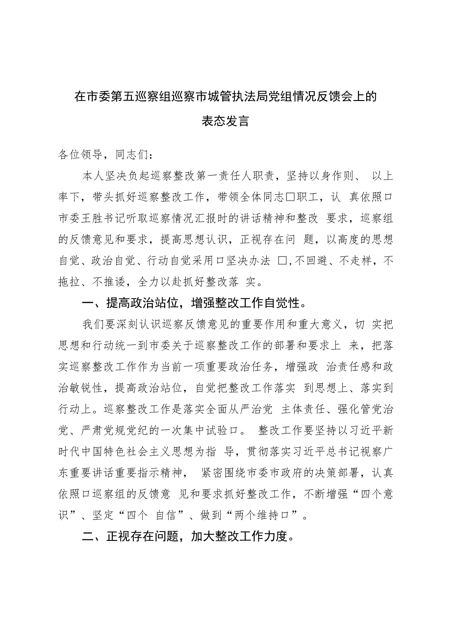 在市委第五巡察组巡察市城管执法局党组情况反馈会上的表态发言.docx_第1页