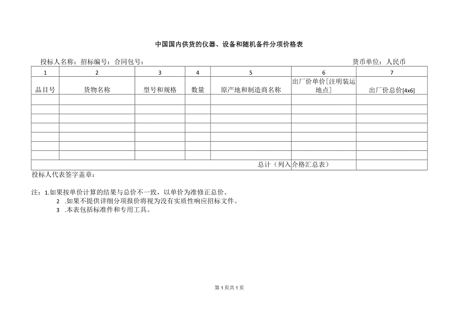 中国国内供货的仪器、设备和随机备件分项价格表(2023年).docx_第1页