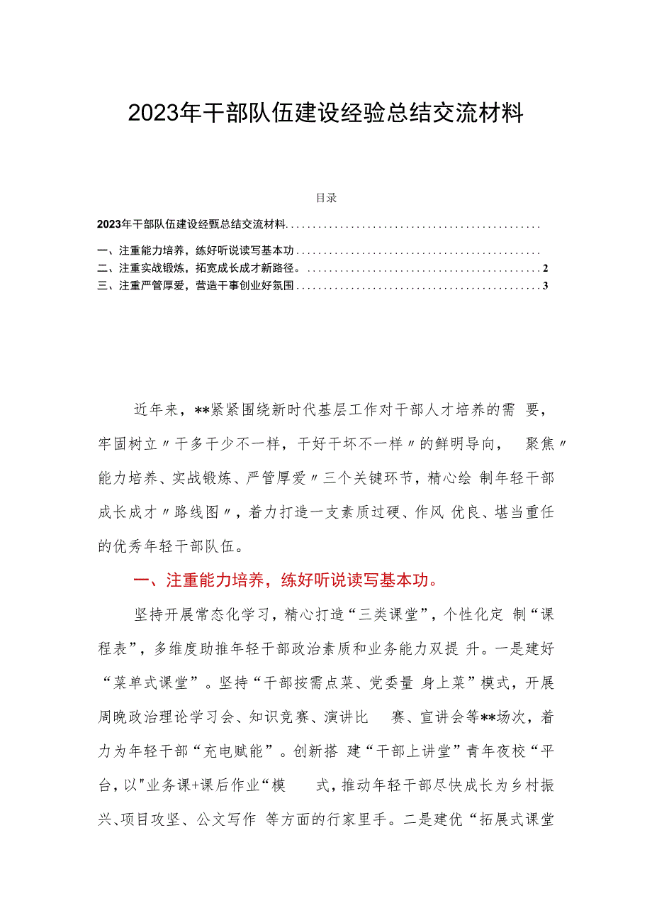 2023年干部队伍建设经验总结交流材料.docx_第1页