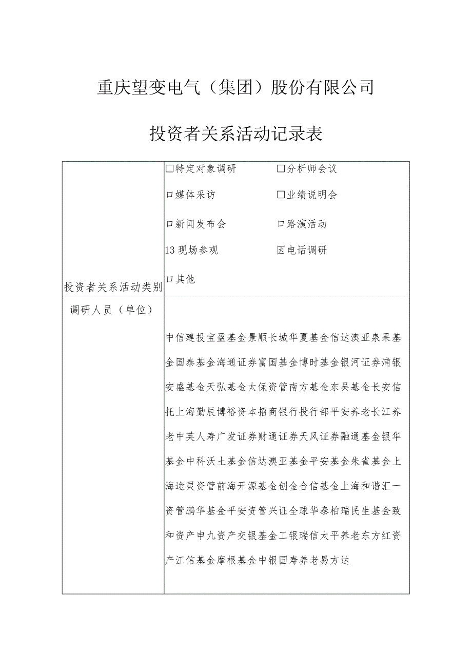 重庆望变电气集团股份有限公司投资者关系活动记录表.docx_第1页