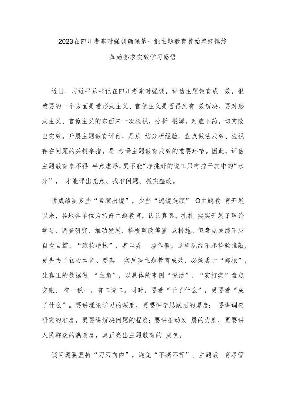 2023在四川考察时强调确保第一批主题教育善始善终慎终如始务求实效学习感悟3篇.docx_第1页